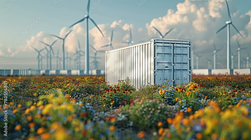 Poster White storage container with solar panels and wind turbines in the background. Generative AI.