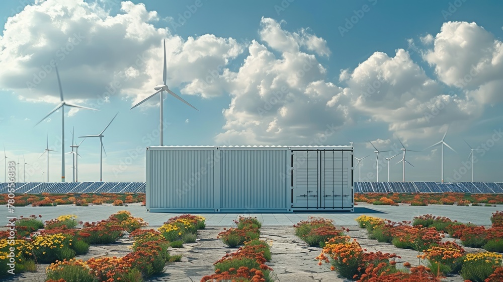 Poster White storage container with solar panels and wind turbines in the background. Generative AI.