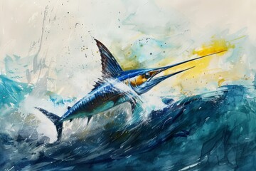 Swordfish or broadbill swordfish It is a type of bony marine fish in the family Xiphiidae. Watercolor painting. Use for wallpaper, posters, postcards, brochures.