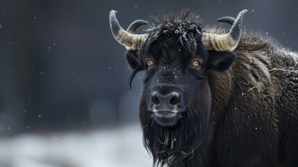 Yak in the snow displaying wildlife, mammal, horns, and fur textures in a winter portrait