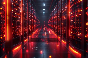 A server room in a metropolitan building filled with servers and red lights