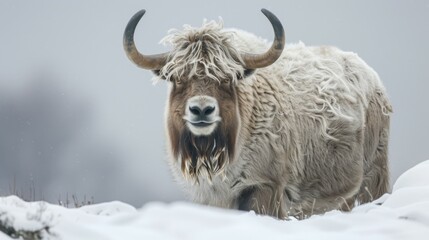 Yak in snow portrays wildlife serenity with bovid fur amidst the cold horns of winter - obrazy, fototapety, plakaty