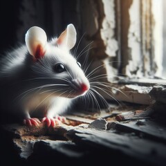 souris grise dans un bâtiment délabré elle regarde par la fenêtre , qualité HD