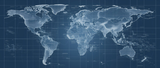 Futuristic Digital World Map in Blue Tones Highlighting Global Connectivity and Networks

