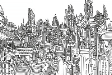 Detailed line art depicting an intricate cityscape, abstract , background