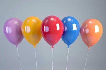 A group of colorful helium balloons tied with string isolated on grey background, AI generated.