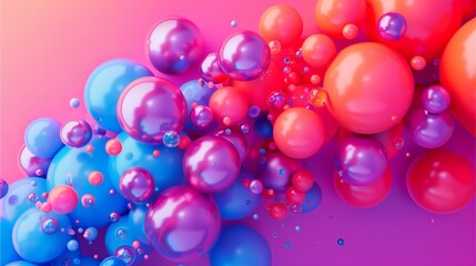 Balloons in pink and blue, floating in the air against a background of shimmering reflections, decorated with Christmas ornaments and bubbles