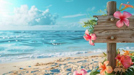 Wooden signpost on the beach with flowers. AI. - obrazy, fototapety, plakaty