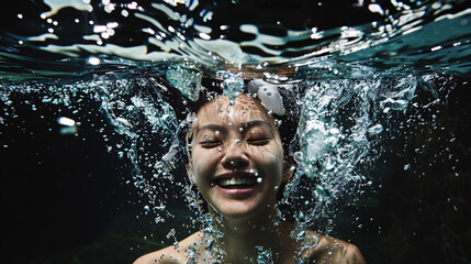 a full body view of female model, jumped in clear water