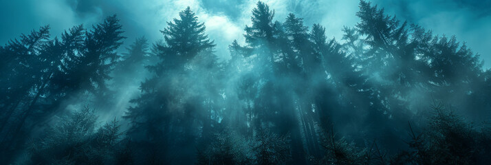 Mystical Mist in Enchanted Forest Landscape - obrazy, fototapety, plakaty