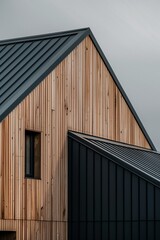 close up detail of dark grey alucobond cladding on the roof, wood slats behind it, contemporary architecture, scandinavian design, architectural photography