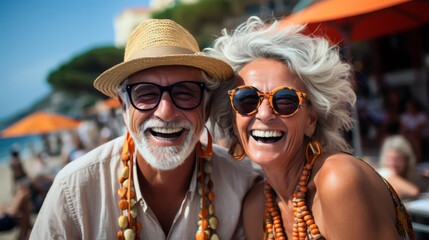 Retired elderly people enjoy the Holidays trip on the beach bar. Happy adult couple laughing out loud and enjoying a day of vacation on the beach