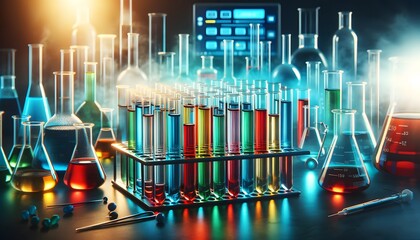 multiple test tubes filled with different colored liquids, scientific experiments