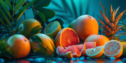 Vibrant Citrus Medley on Moody Blue-Orange Gradient Background