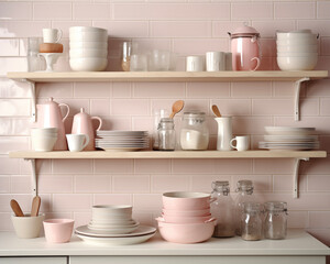 Fototapeta na wymiar White kitchen. Shelves with pink crockery and kitchen utensils.