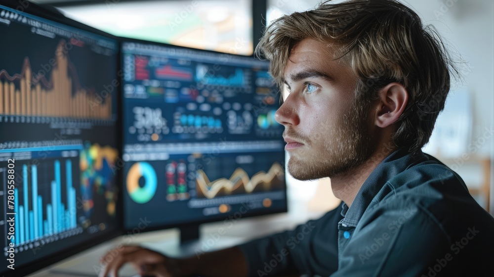 Leinwandbilder Male data analyst looking at a bunch of data Visualisation and various type of graphs on computer screens. Generative AI.