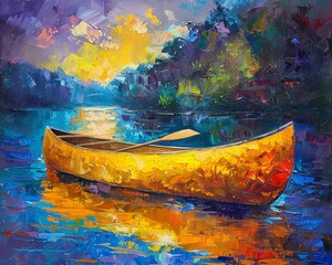 Vibrant, abstract canoe in a river, using oil and palette knife, set against a summercolored canvas, enhanced by dramatic light and vivid highlights