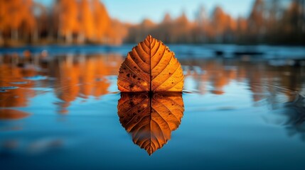 Autumn leaf reflecting, A single leaf floating on calm water on blue sky and blue water background, Peace backdrop
