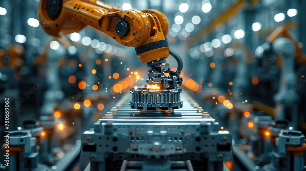Poster industrial robot arm assembling a car part in a factory, soft focus on the robot. generative ai.