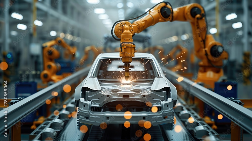 Poster Industrial robot arm assembling a car part in a factory, soft focus on the robot. Generative AI.