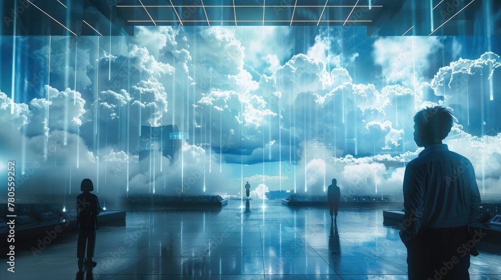 Poster the people that are pictured interacting with technology in the cloud. generative ai.