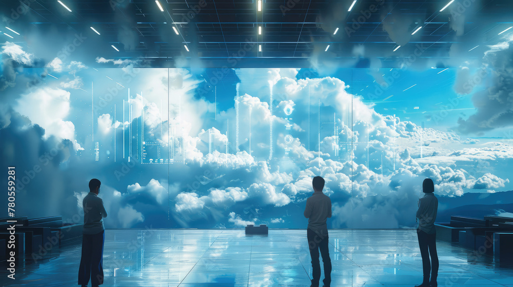 Poster the people that are pictured interacting with technology in the cloud. generative ai.