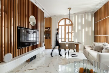 Lumination interior design photography of an apartment with white walls and wooden beams on the ceiling. The living room has natural wood accents. woman is walking through the space towards the camera