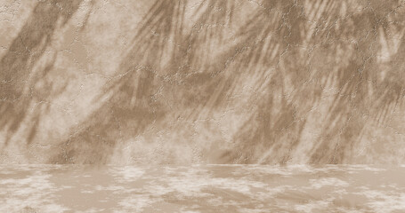 Abstract concrete background with cracks and shadows from palm leaves, 3d rendering