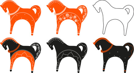 Folk ornamental horses in scandinavian style set vector illustration. Folk decorative red horse, black horse, horse outline - obrazy, fototapety, plakaty