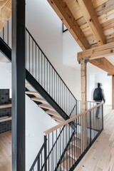 minimalist interior design, white walls with wooden beams on the ceiling, wood staircase, light...