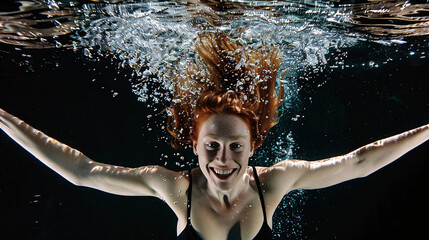 Fototapeta premium a full body view of female model, jumped in clear water