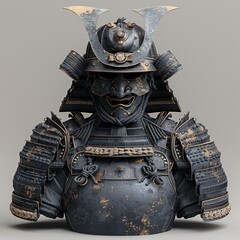 Samurai armor, studio light, isolated on grey, low angle, historic Japanese elegance