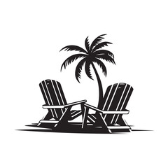 Beach chairs and palms logo design, black vector illustration on white background