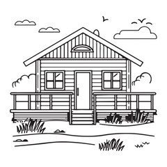 Beach house line art logo icon design, vector illustration on white background