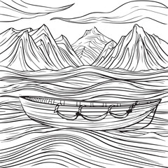 Boat in a lake with mountains in background, vector illustration on white for kids coloring pages