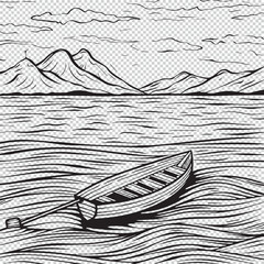 Boat in a lake with mountains in background, vector illustration on transparent for kids coloring pages