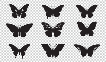 Butterflies icon symbol set, vector illustrations on transparent background