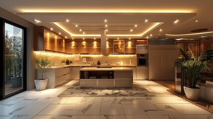 Interior design, An eco-friendly kitchen utilizing energy-efficient LED lighting to reduce electricity consumption while providing ample illumination for all kitchen activities. Generative AI.