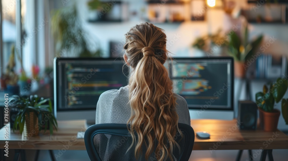 Poster Female computer programmer working on screens, sitting at desk in start up office. Generative AI.