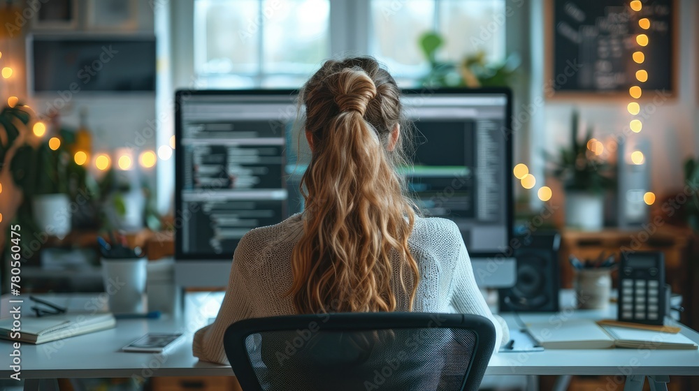 Poster Female computer programmer working on screens, sitting at desk in start up office. Generative AI.