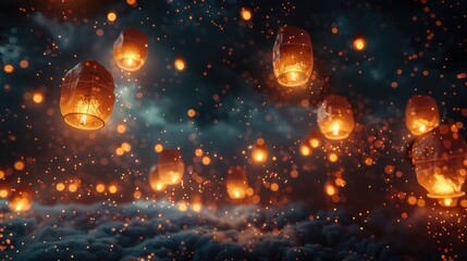 Enchanting scene of numerous sky lanterns rising into a dusk sky, capturing the magic of traditional lantern festivals