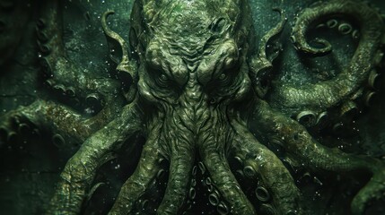 the depths of darkness with a Cthulhu-inspired monster head gothic fantasy - obrazy, fototapety, plakaty