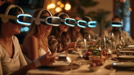 Family sitting at dinner and everyone wearing virtual reality glasses. Generative AI.