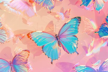 Holographic butterflies on pink background
