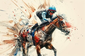 Jockey riding a racehorse at full sprint. Horse racing