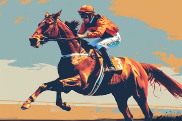 Jockey riding a racehorse at full sprint. Horse racing - obrazy, fototapety, plakaty