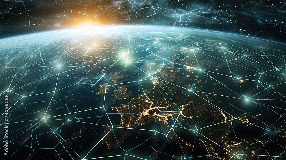 Fototapete The internet networking grid on a global scale from space. Generative AI.