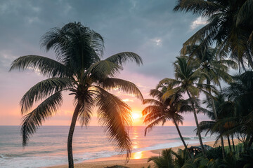 Sunset over Indian ocean. Coconut palm trees on sand beach in south coast of Sri Lanka..