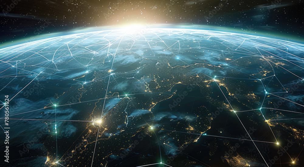 Poster The internet networking grid on a global scale from space. Generative AI.