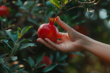 A hand holding a red fruit. The hand is holding the fruit in a way that it looks like it is about to be eaten. a muslim hand touching a pomegranate grown on a beautiful pomegranate tree